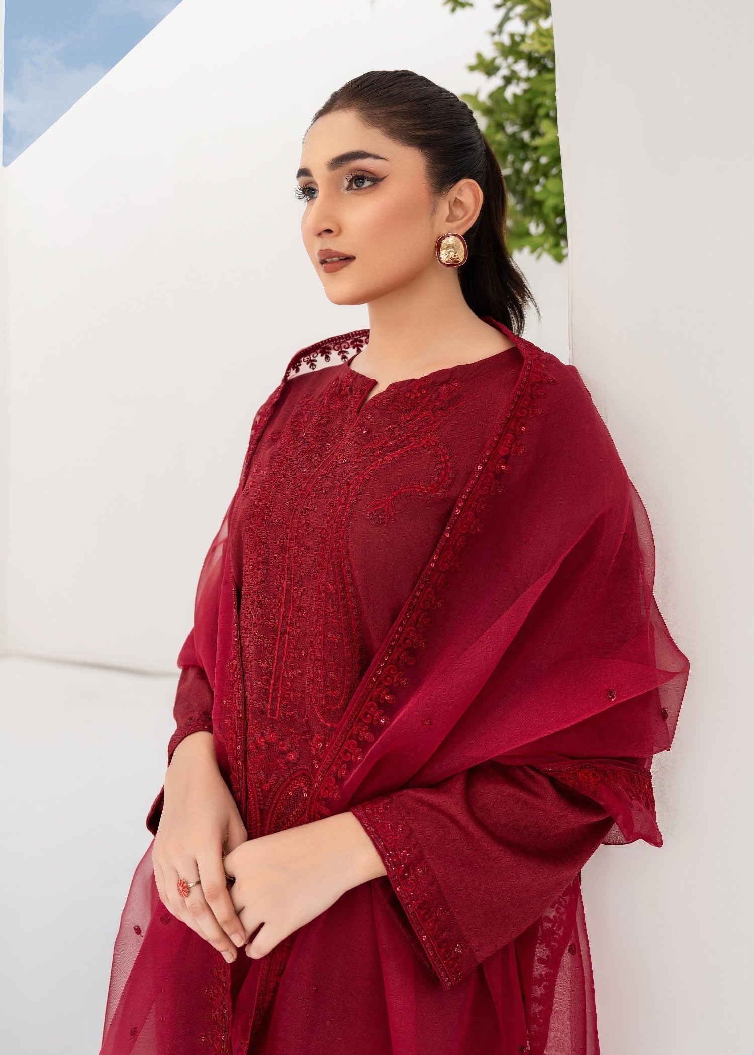 textured lawn Kurta Set in Maroon