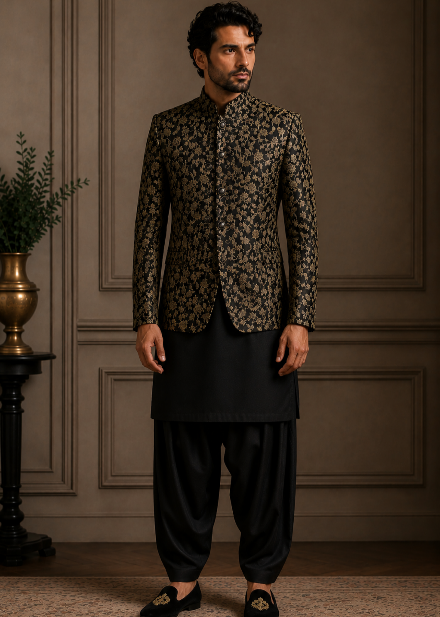 raw silk Prince Coat in Gold, dark brown