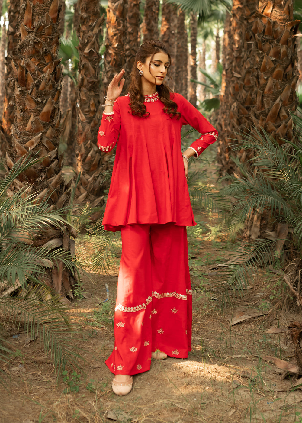 slub khaddar Sharara in Red