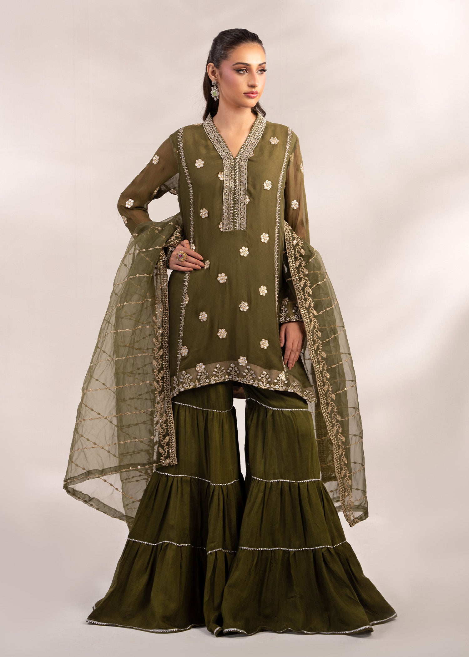 crinkle Gharara in Olive green