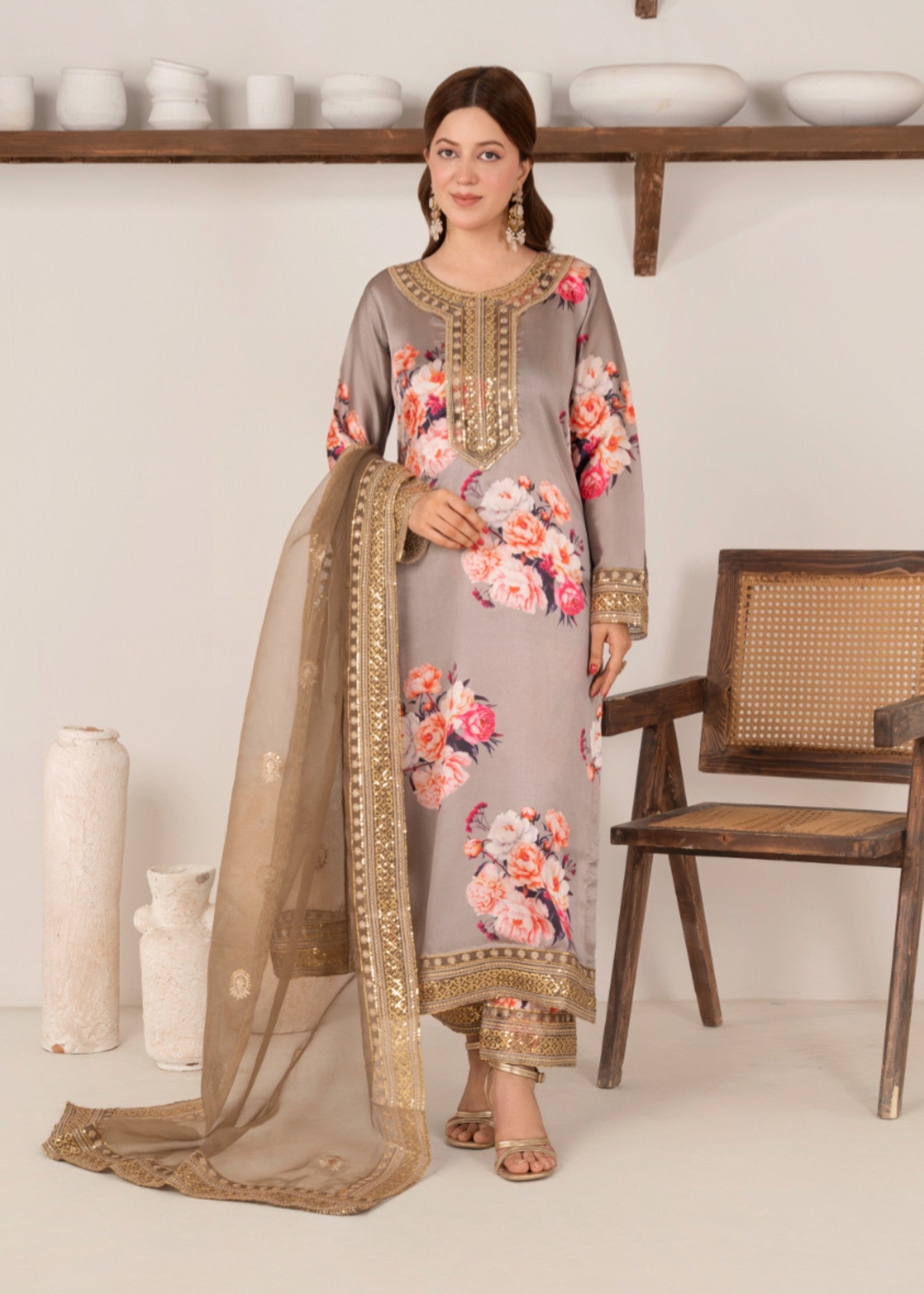 silk charmeuse Kurta Set in Light grey