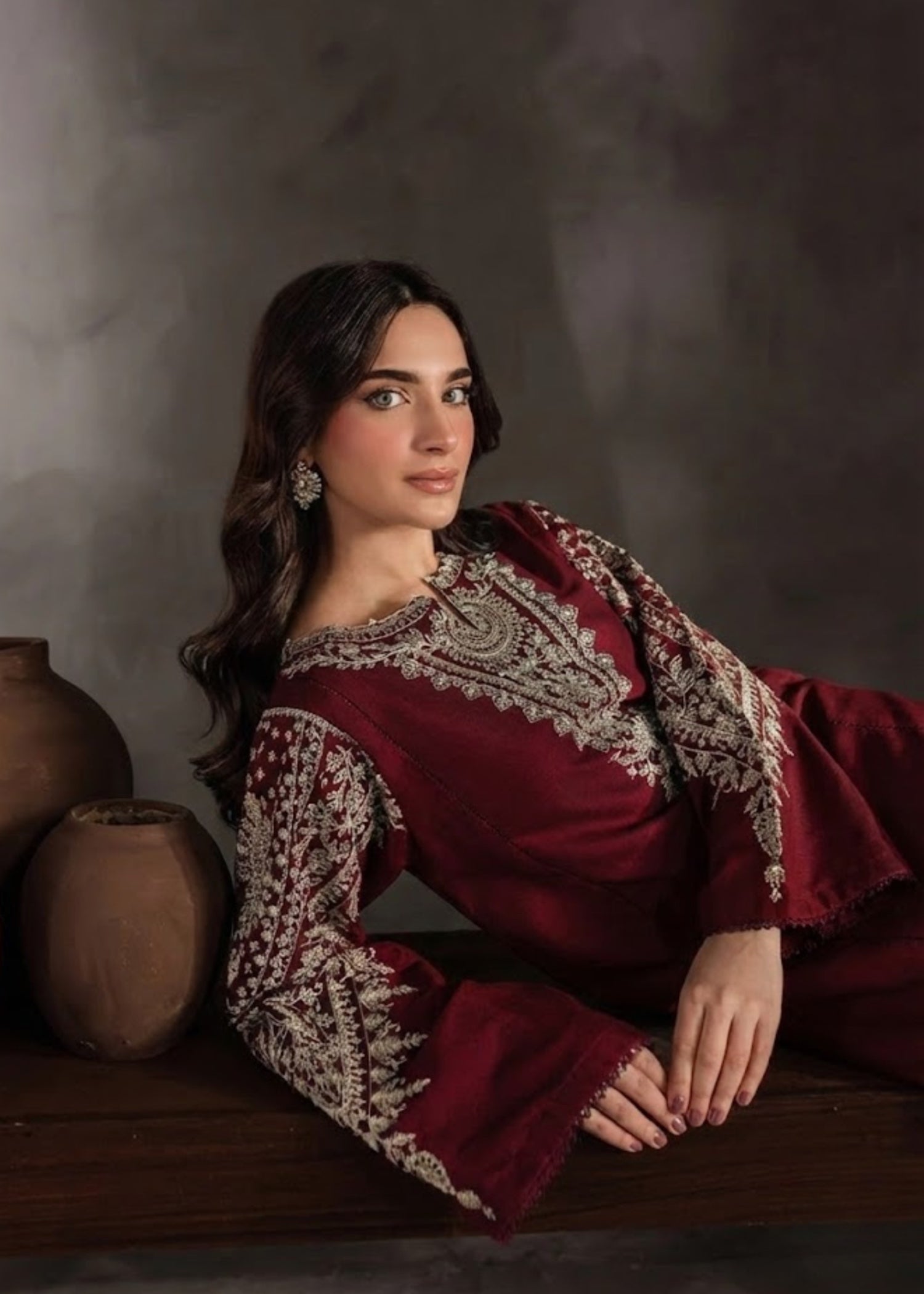 cambric Kurta Set in Maroon