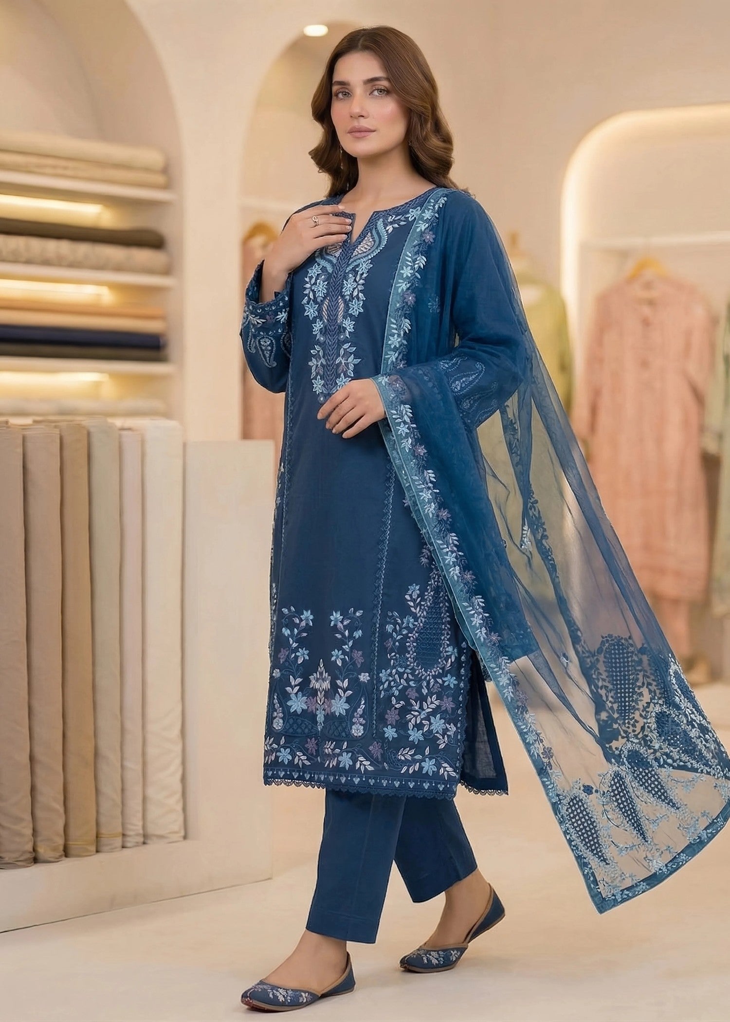 lawn cotton Kurta Set in Ocean blue