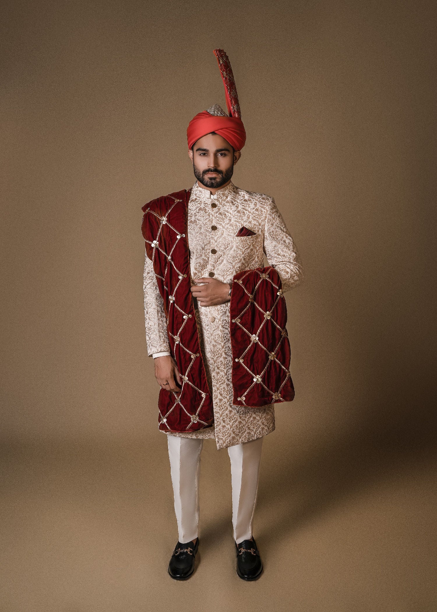raw silk Sherwani in Cream