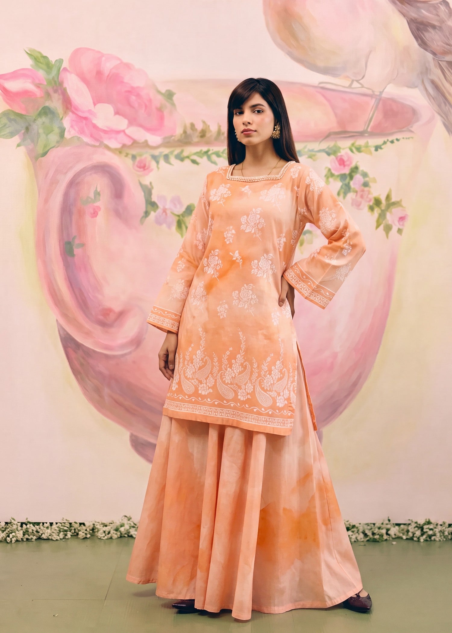 lawn Sharara in Peach orange