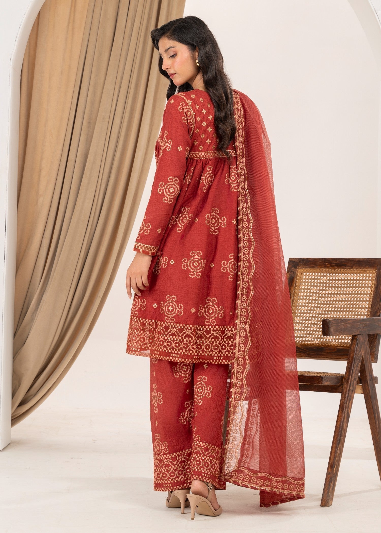cotton Short Frock in Chili red