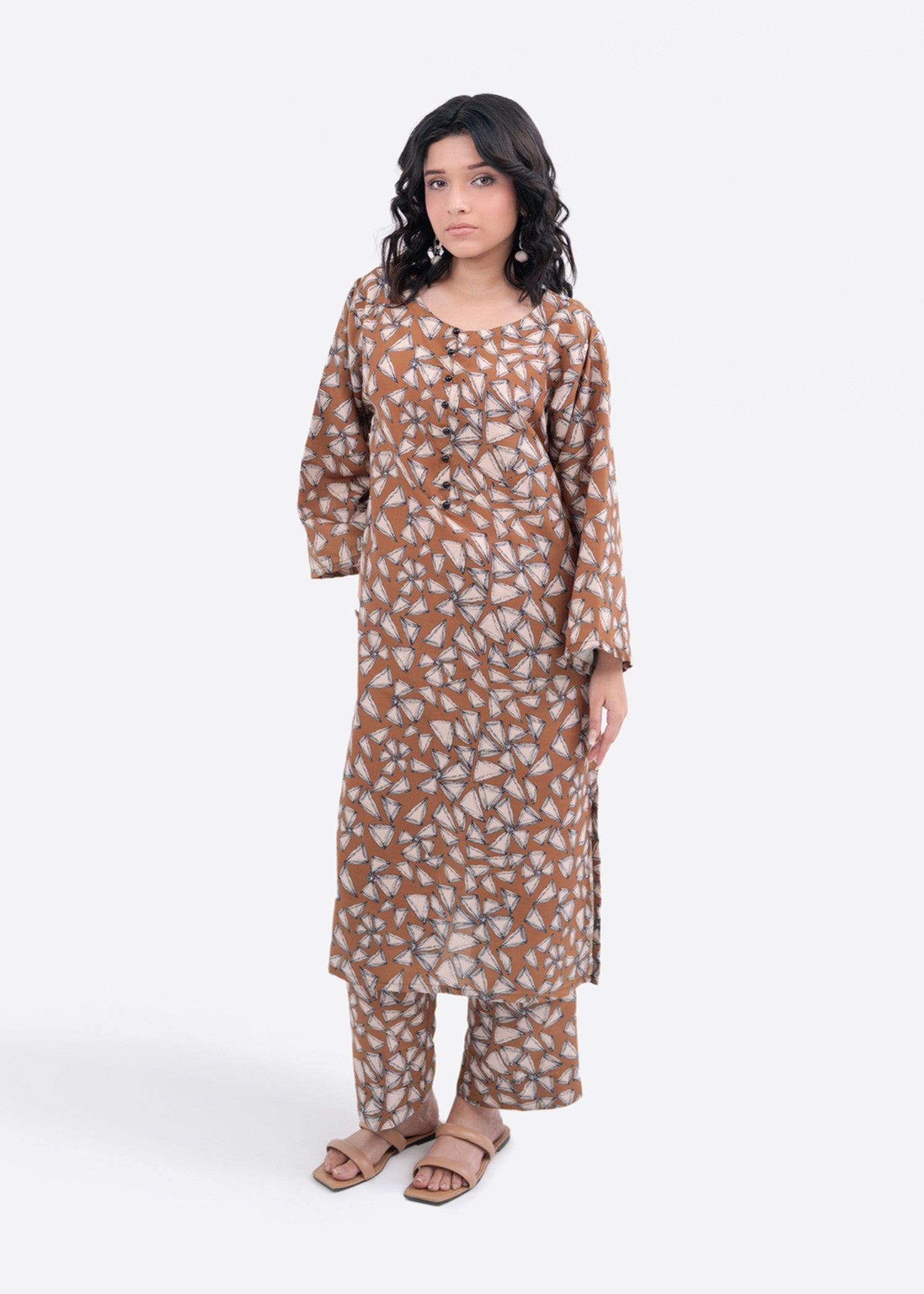 silk finish lawn Co Ord Sets in Brown