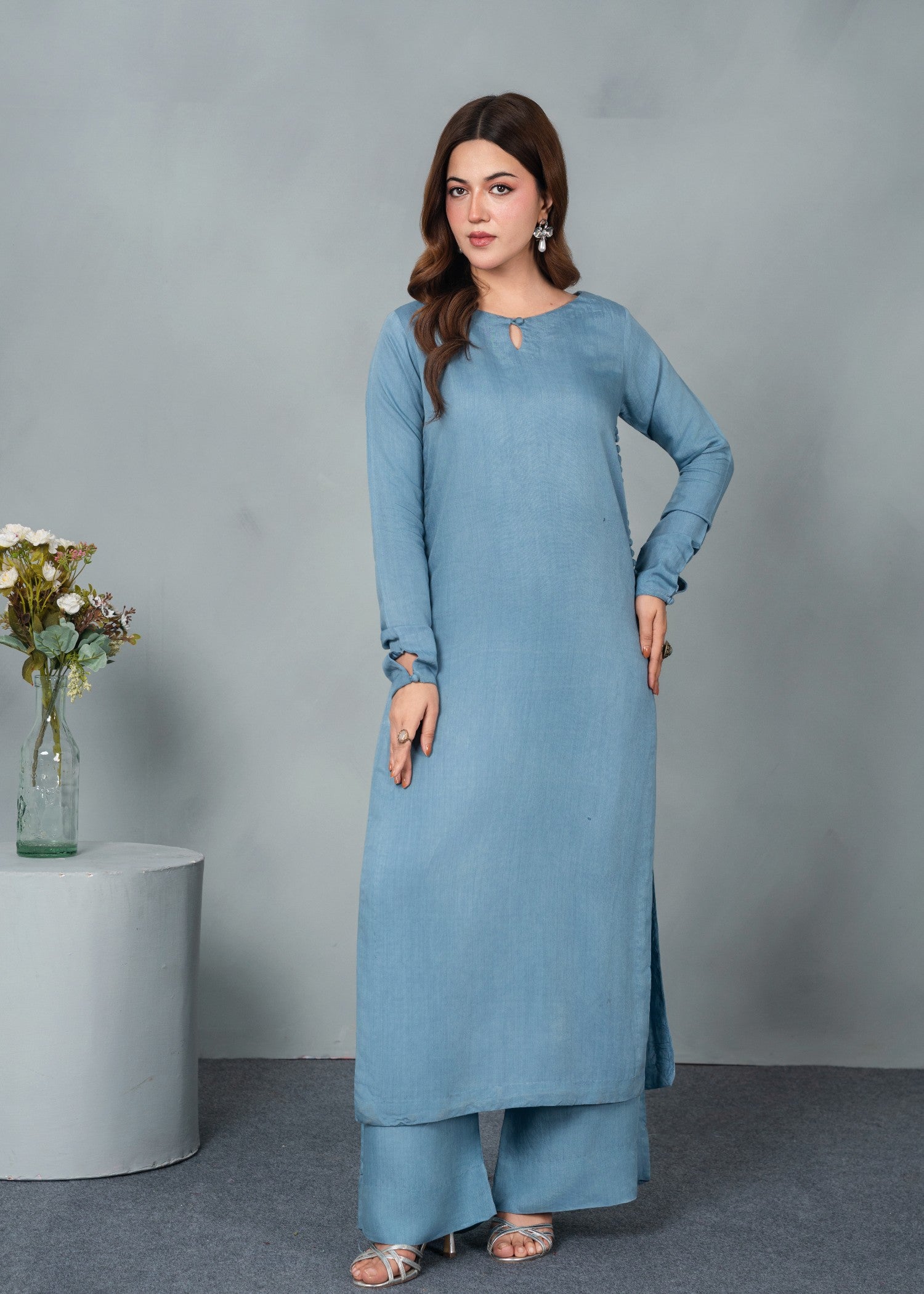 silk finish lawn Kurta Set in Powder blue