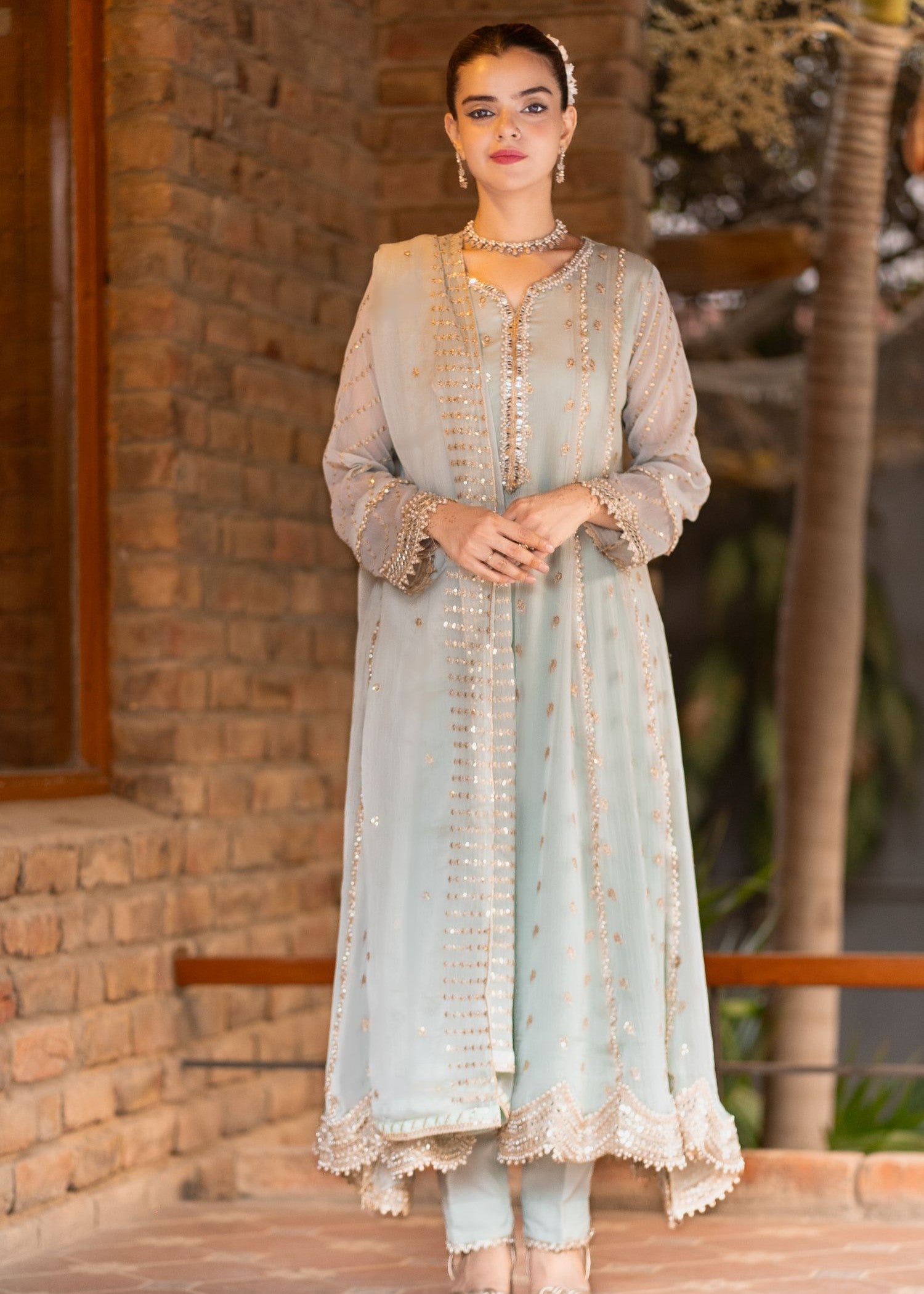 chiffon Pishwas in Powder blue