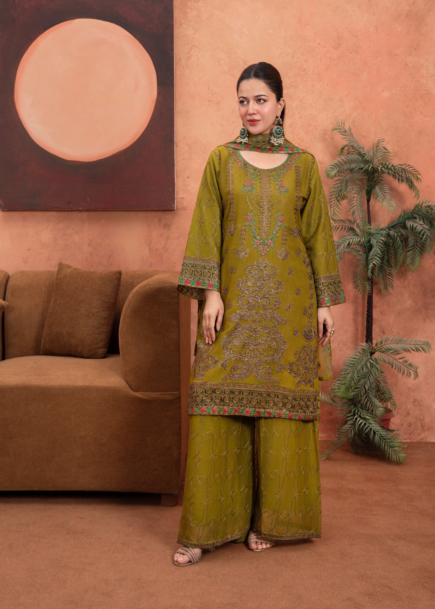 chiffon Kurta Set in Olive green