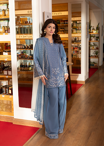 textured lawn Kurta Set in Steel blue