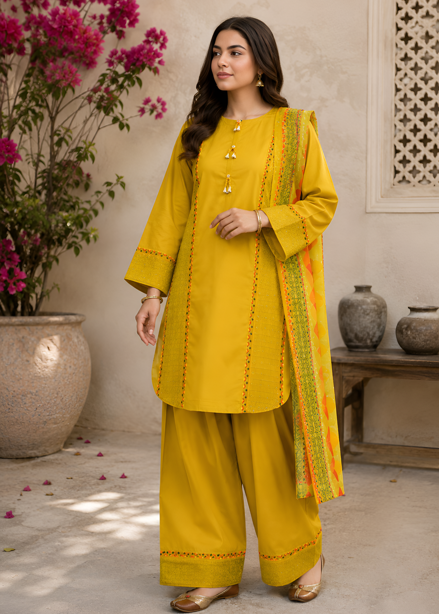 lawn Kurta Set in Yellow