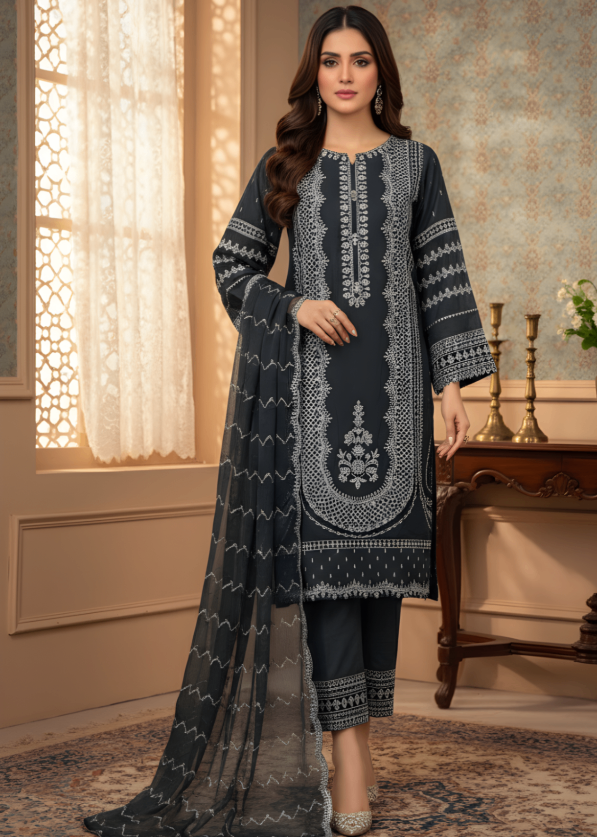 chiffon Kurta Set in Charcoal