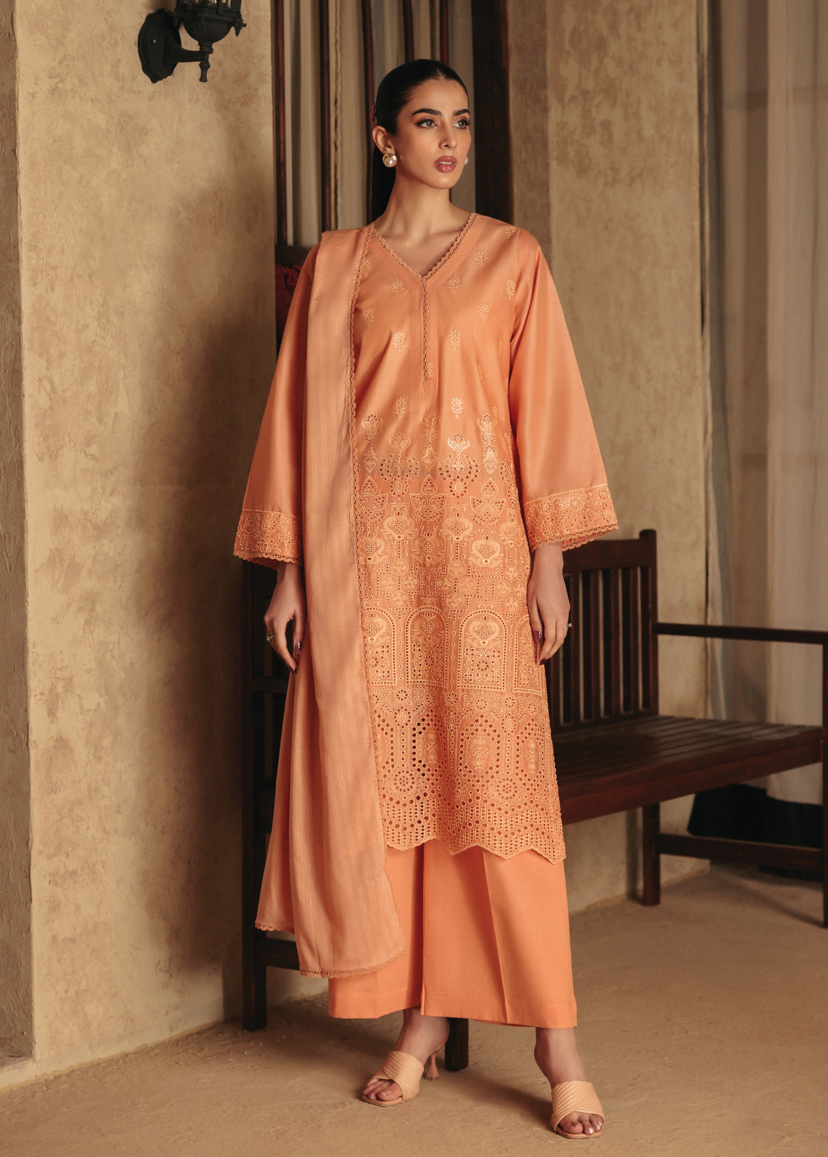 lawn Kurta Set in Coral orange