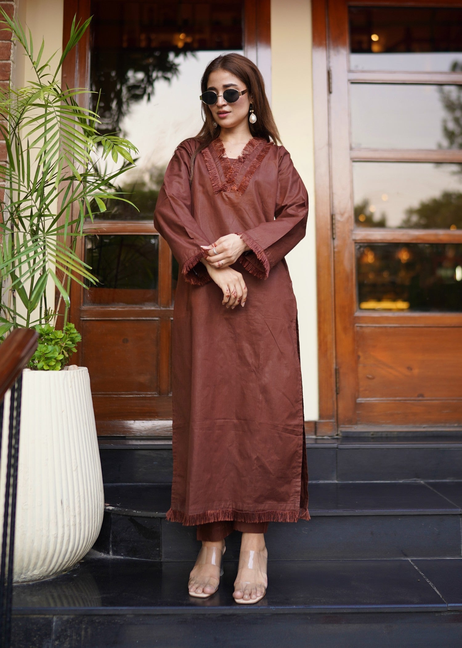 lawn cotton Kurta Set in Chocolate brown