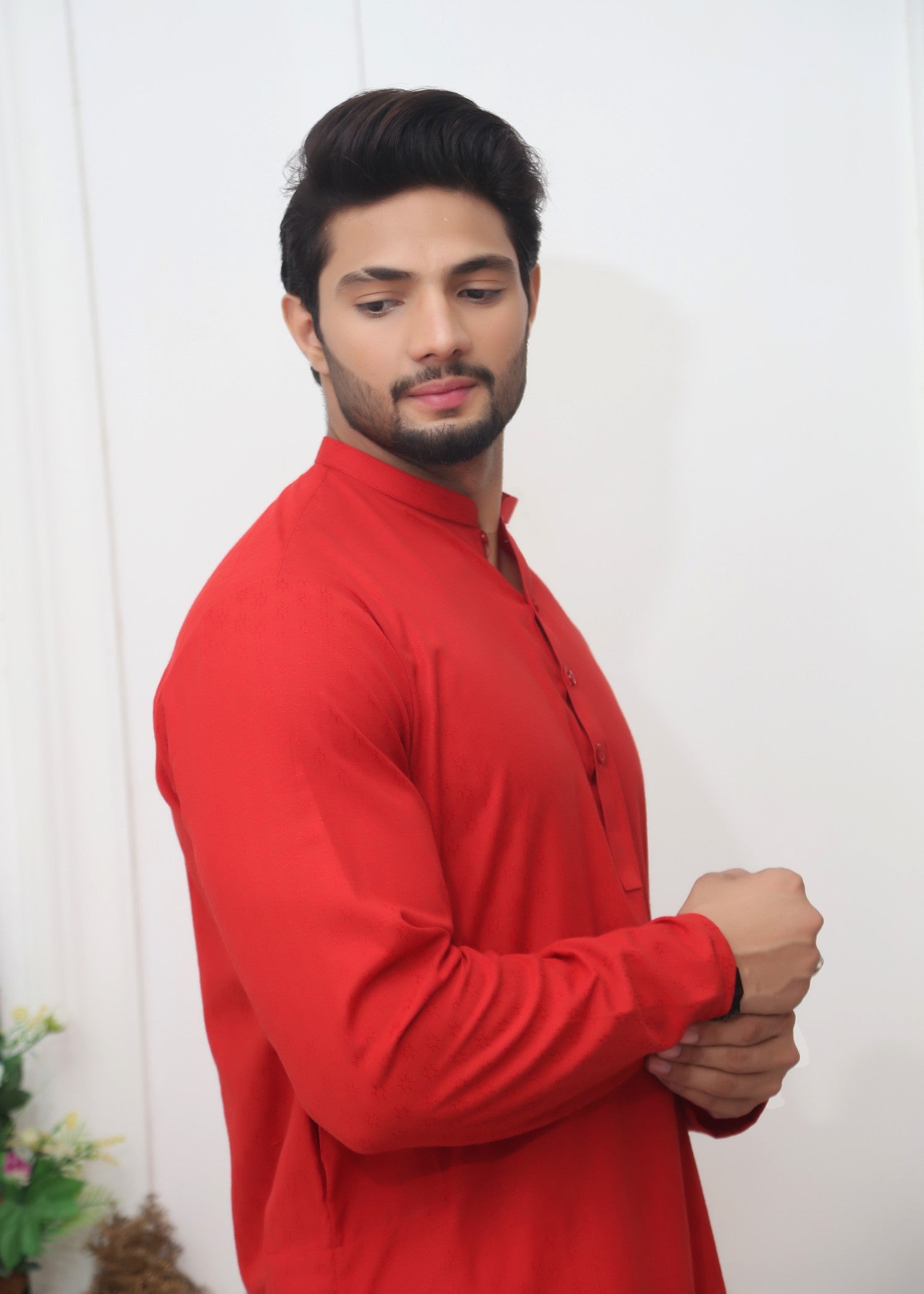 cotton jamawar Kurta in Red