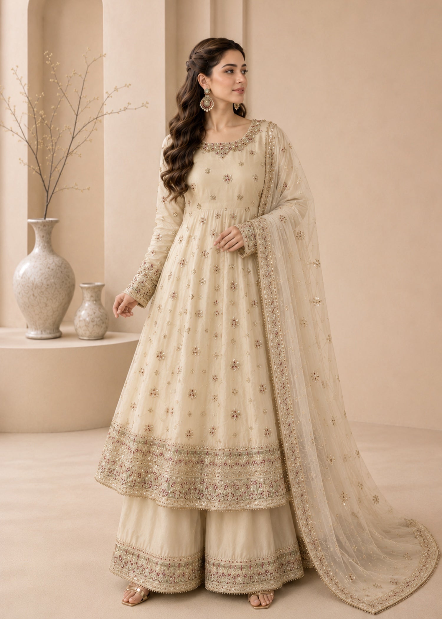 silk Pishwas in Cream