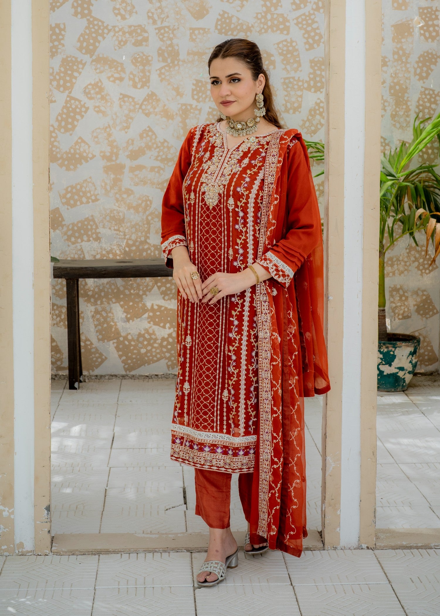 chiffon Kurta Set in Tangerine