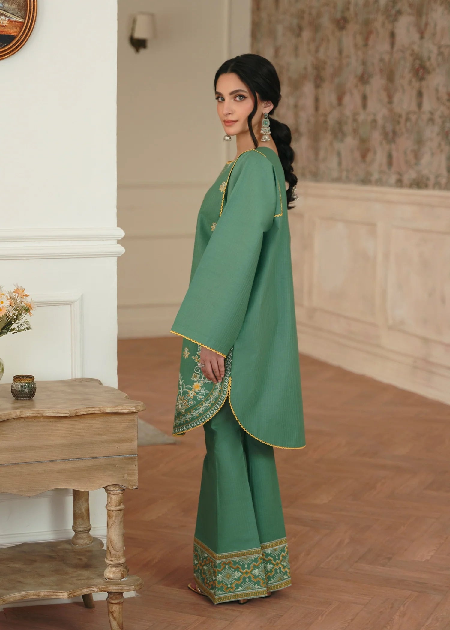 textured lawn Kurta Set in Green