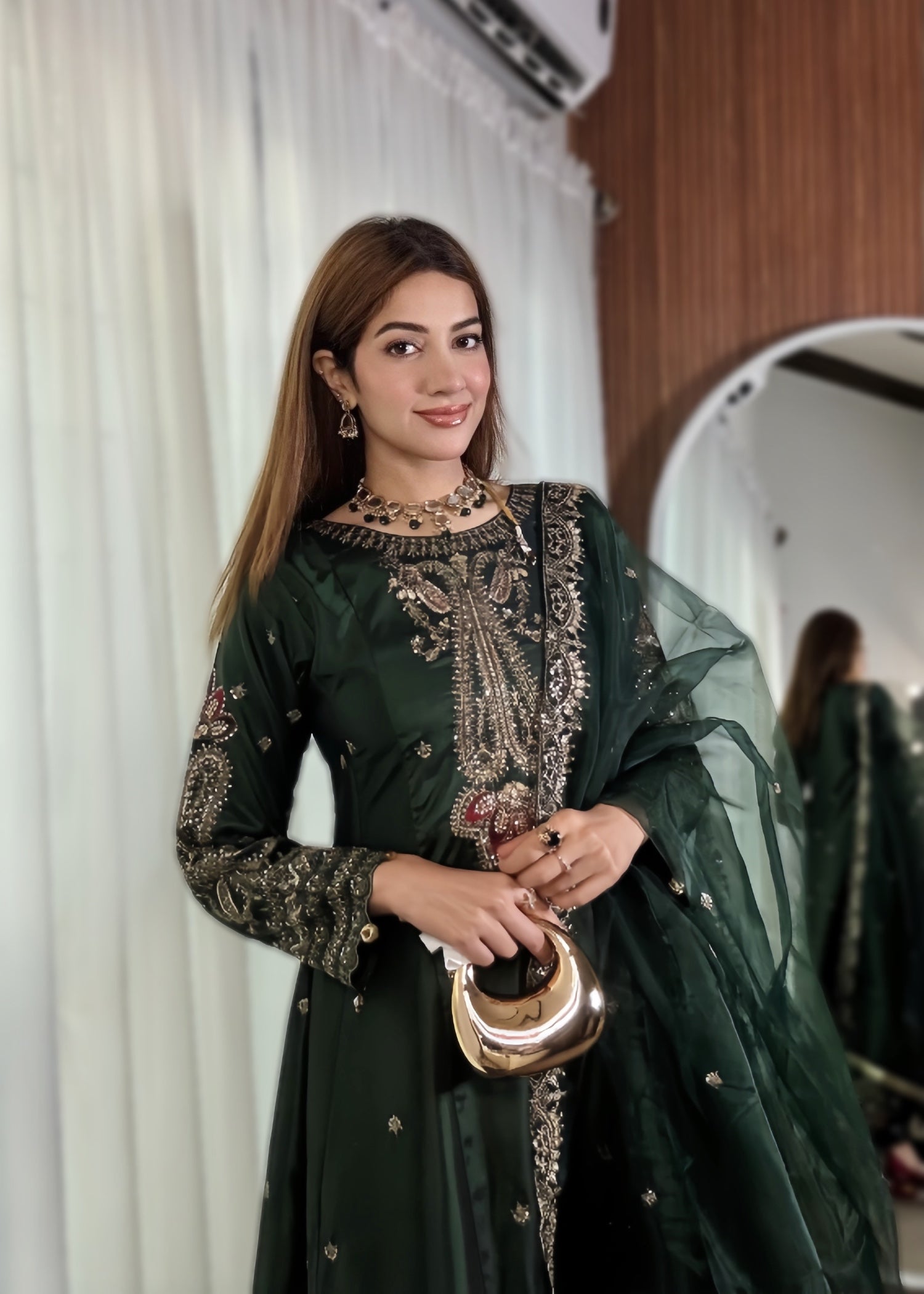 silk Pishwas in Bottle green