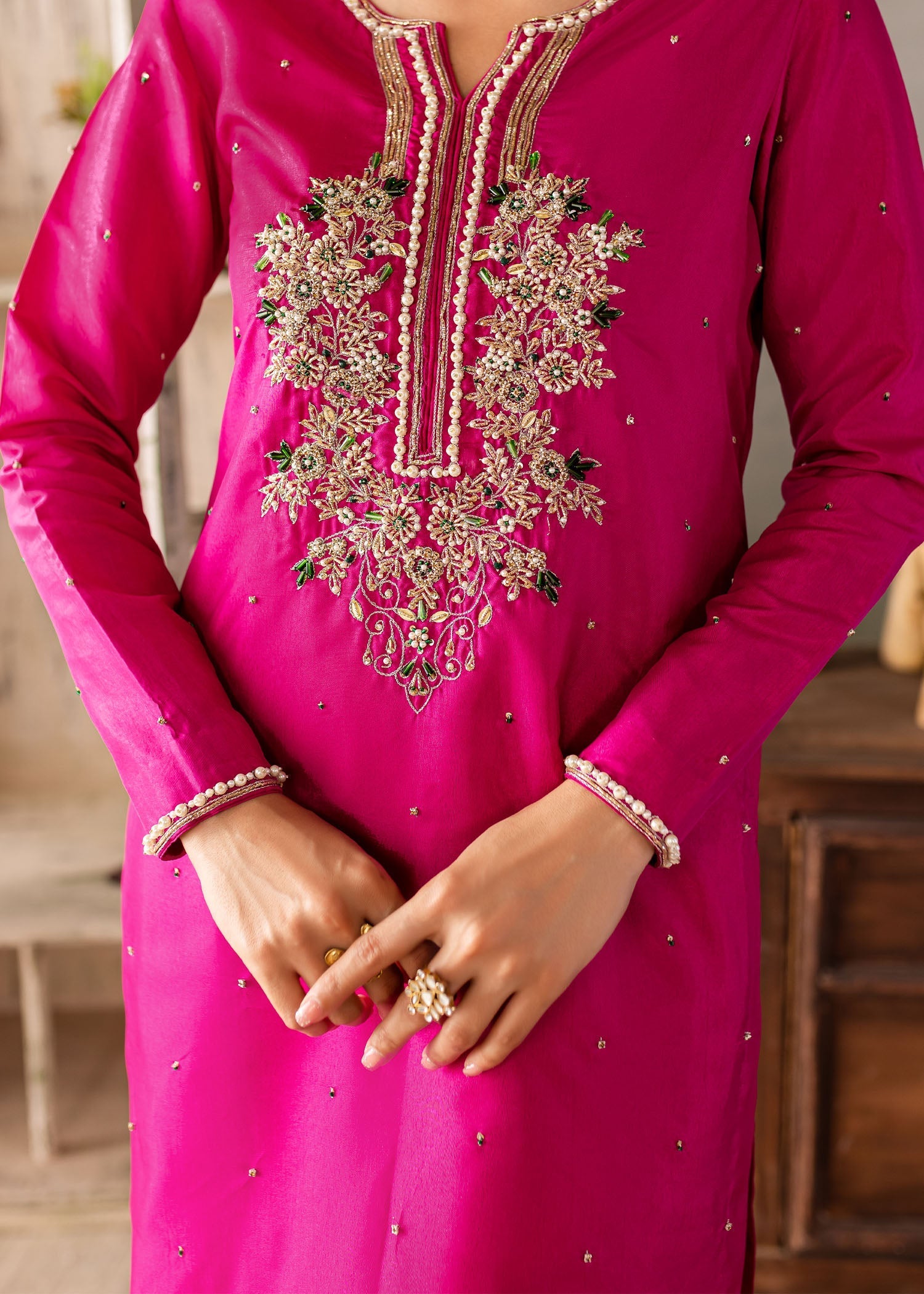 raw silk Kurta Set in Fuchsia