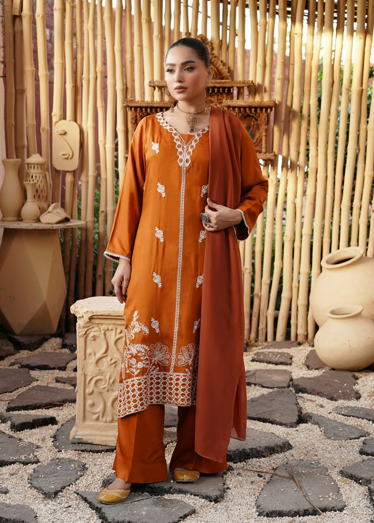 viscose Kurta Set in Rust orange