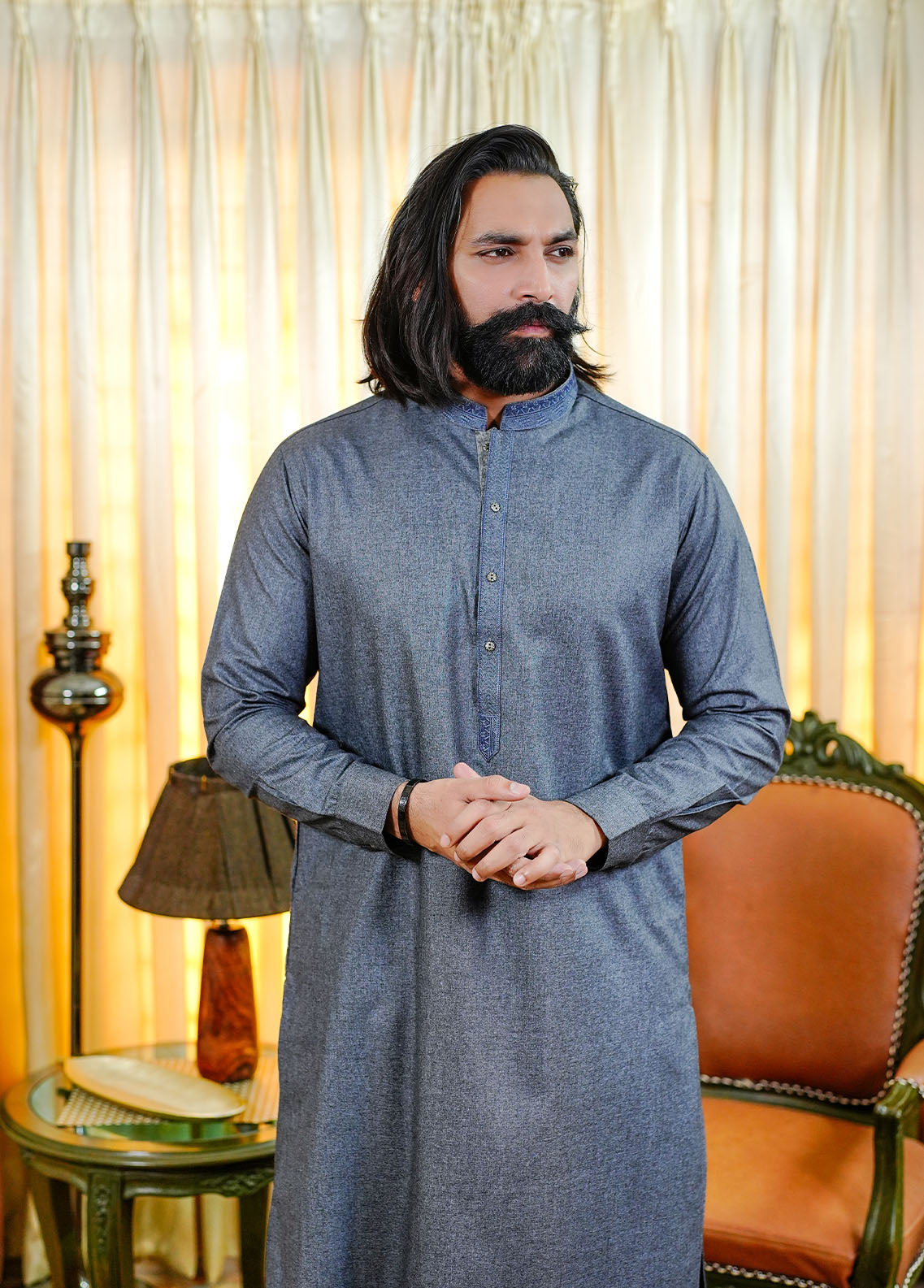 acrylic wool Shalwar Kameez in Twilight blue
