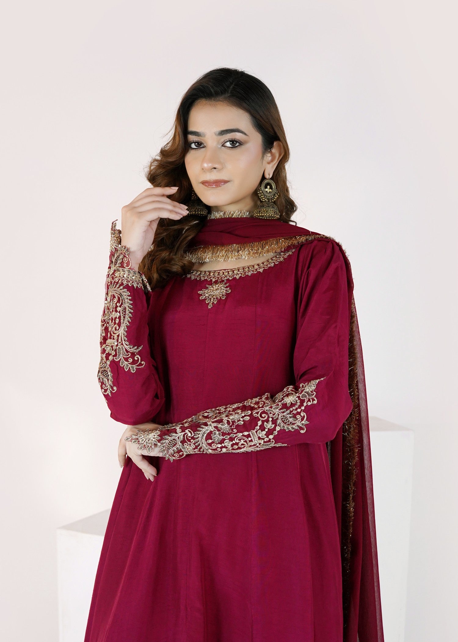korean raw silk Maxi in Crimson
