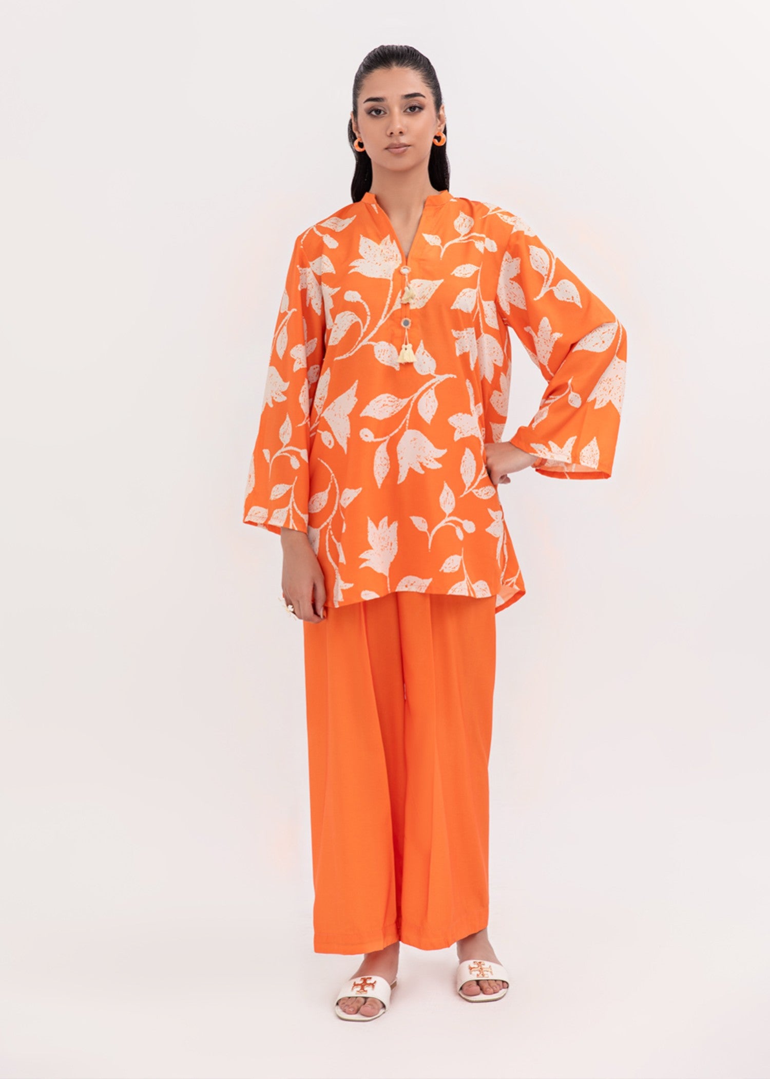 silk finish lawn Kurta Set in Pumpkin orange