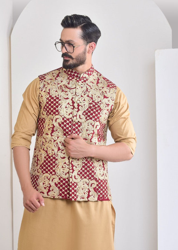 raw silk Waistcoat in Maroon