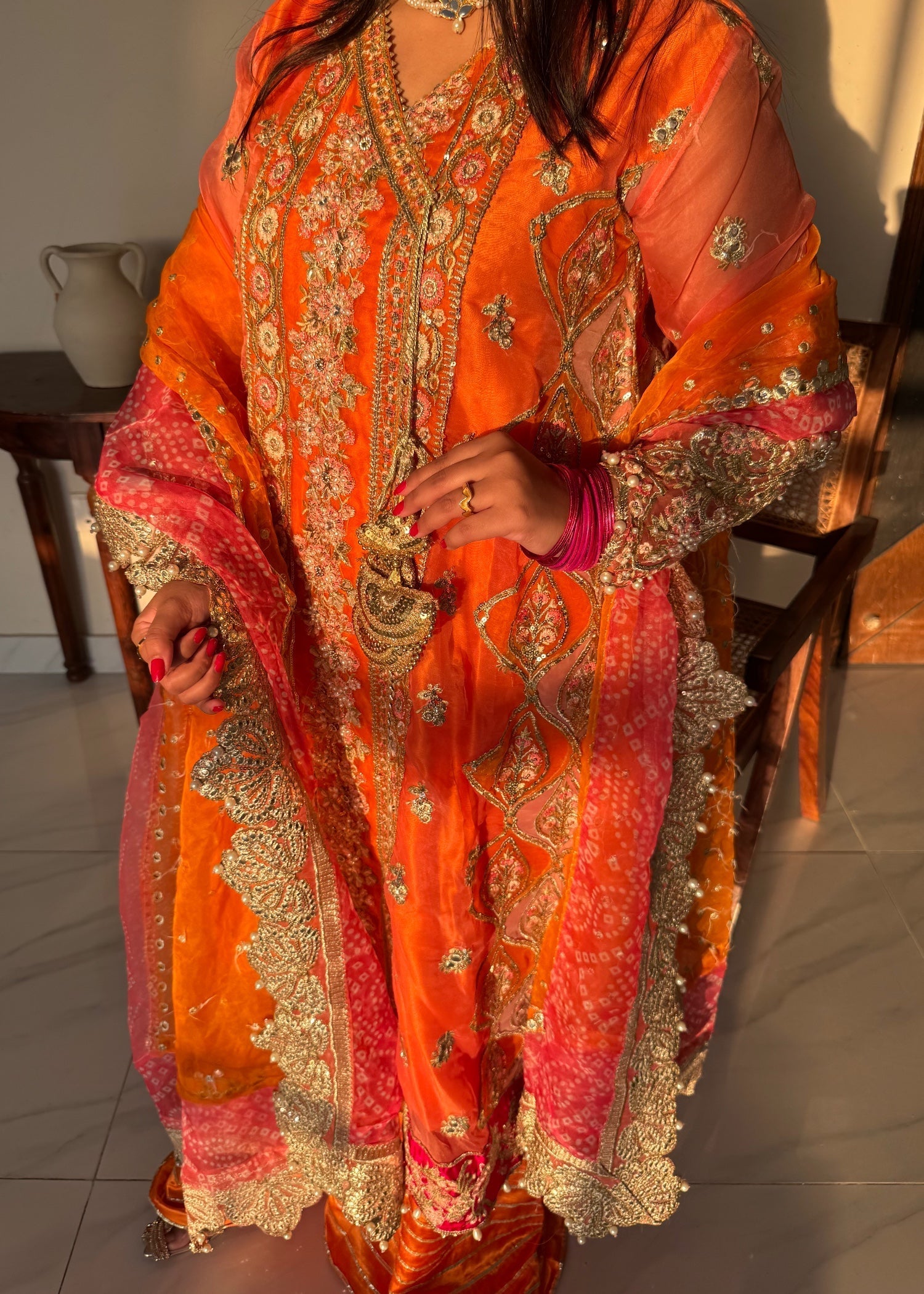 organza Angrakha in Orange, pumpkin orange