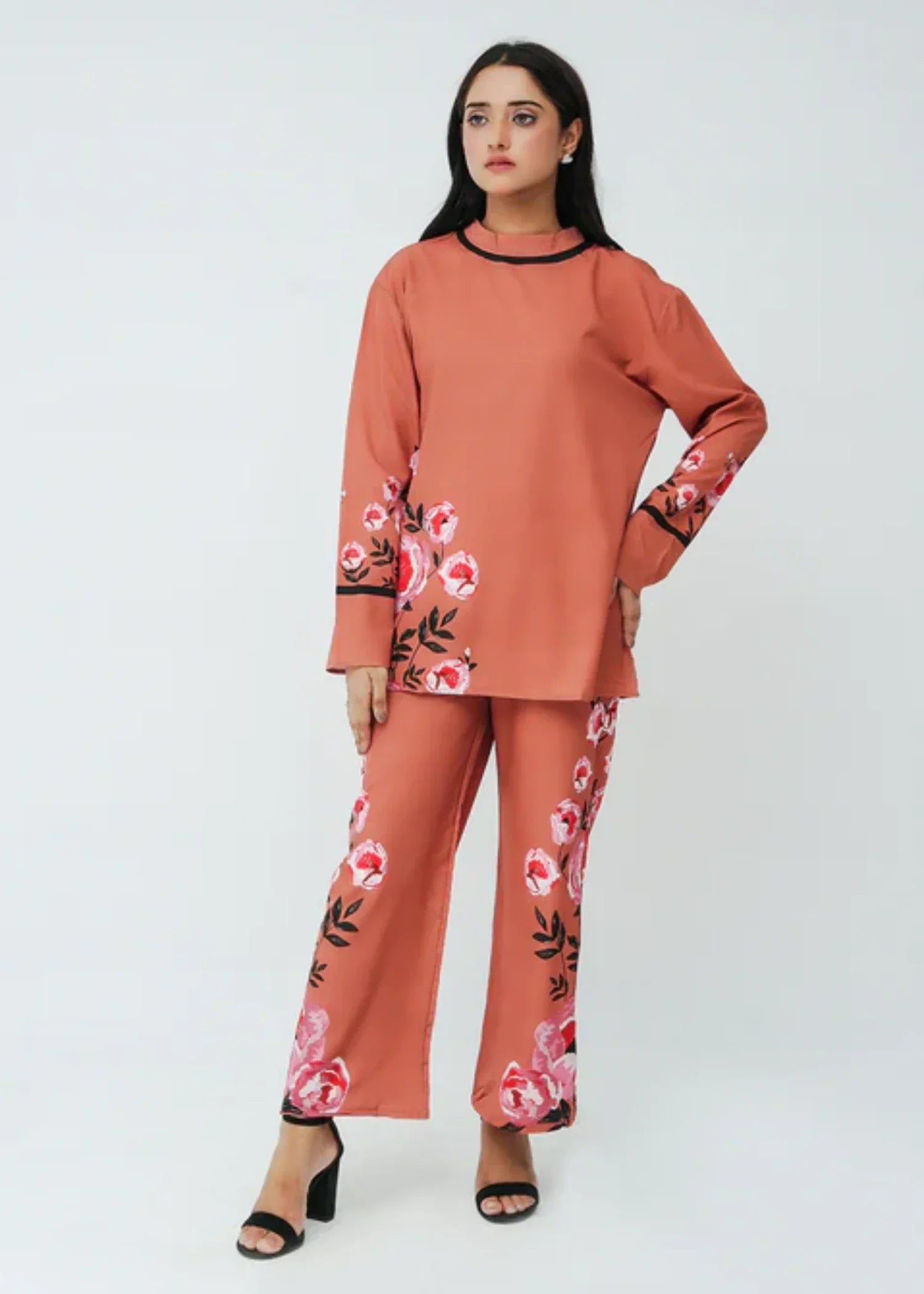 crepe polyester Co ord Sets in Peach orange
