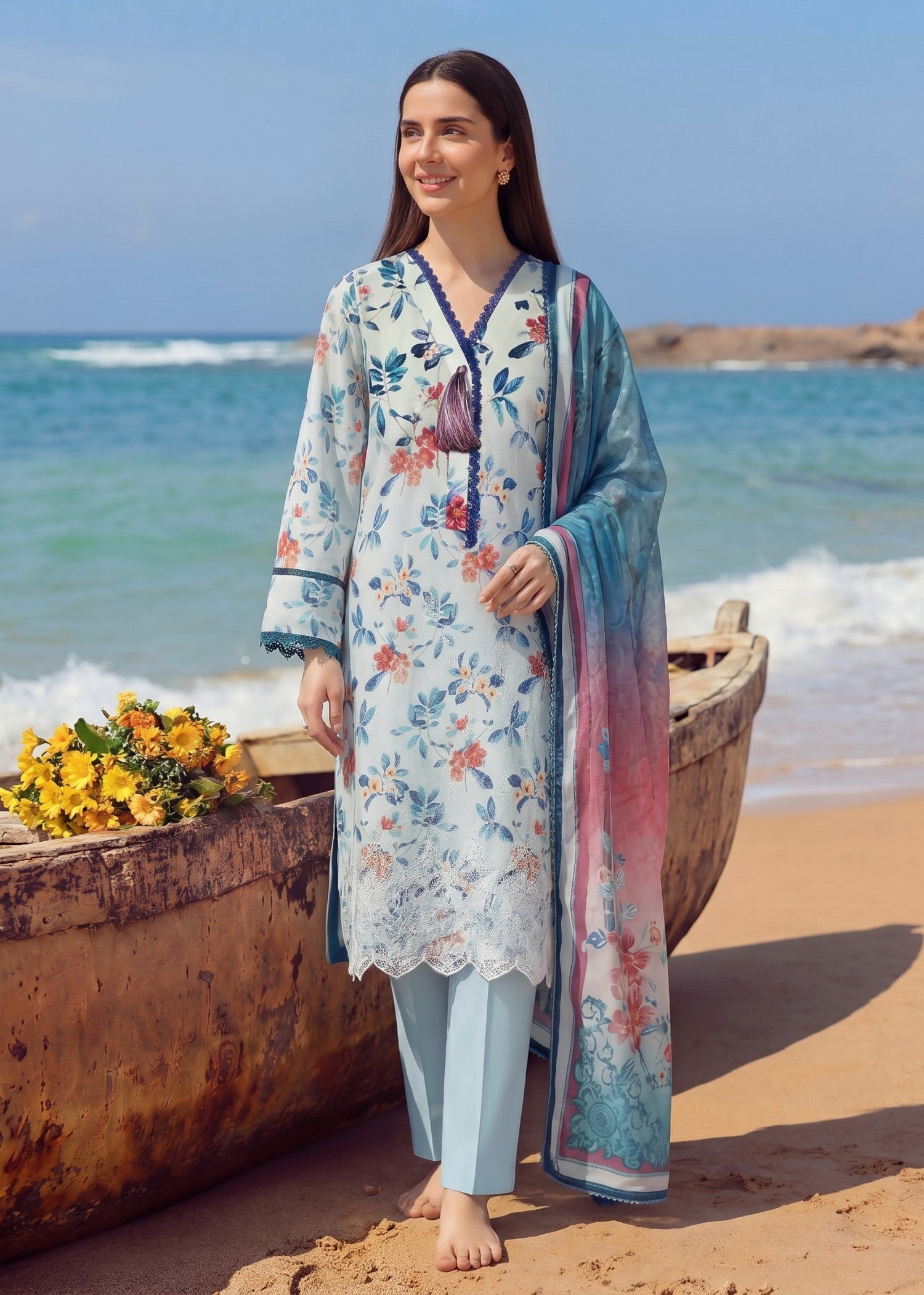 lawn Kurta Set in Powder blue
