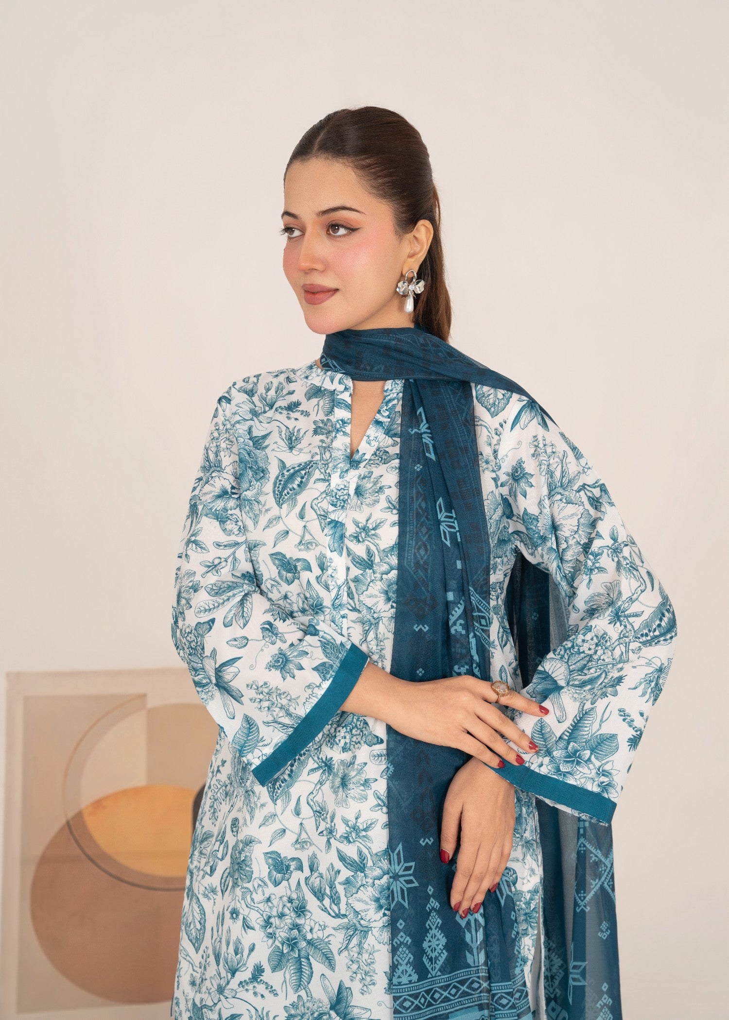 poly lawn Kurta Set in White, cobalt blue