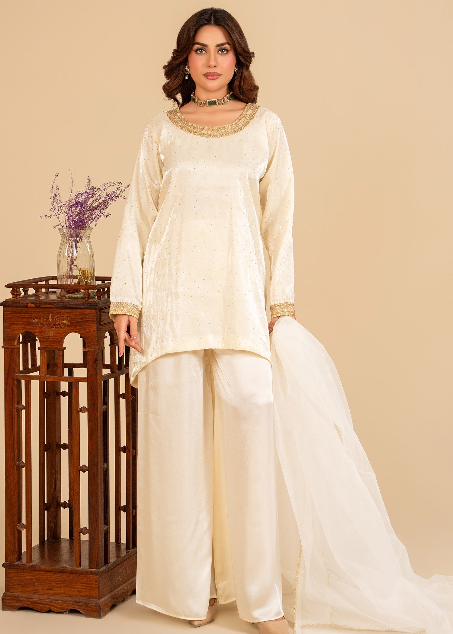 zari organza Short Frock in Off-white