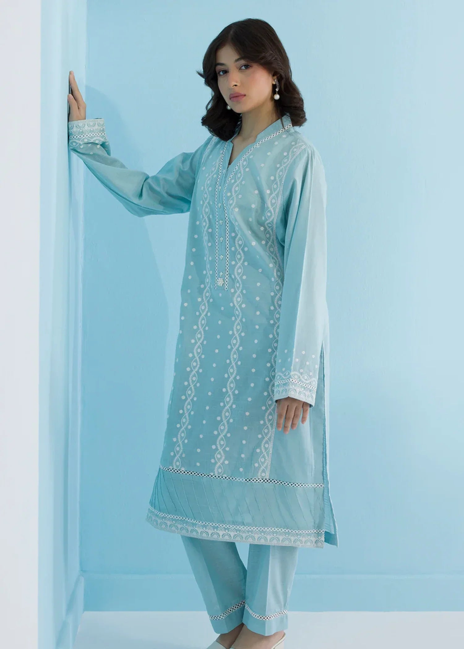 acrylic wool Kurta Set in Light blue
