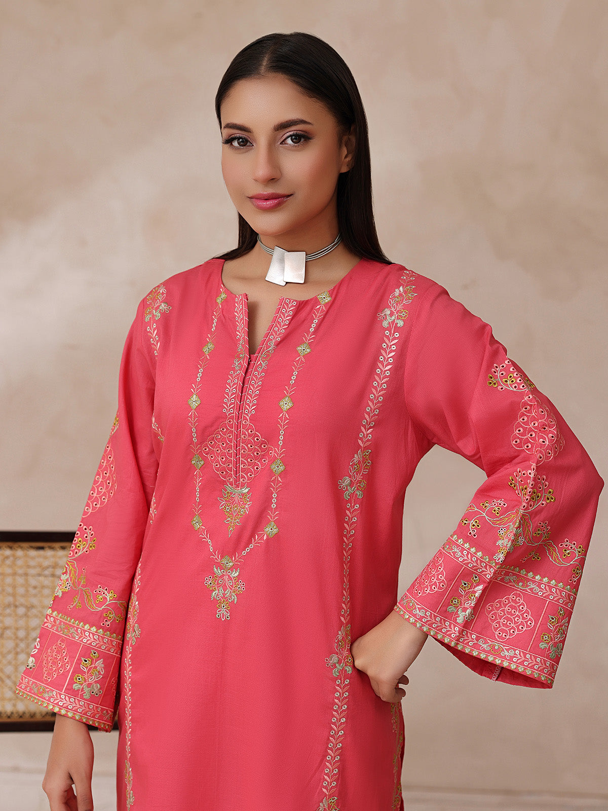 injected slub Kurta Set in Tomato red