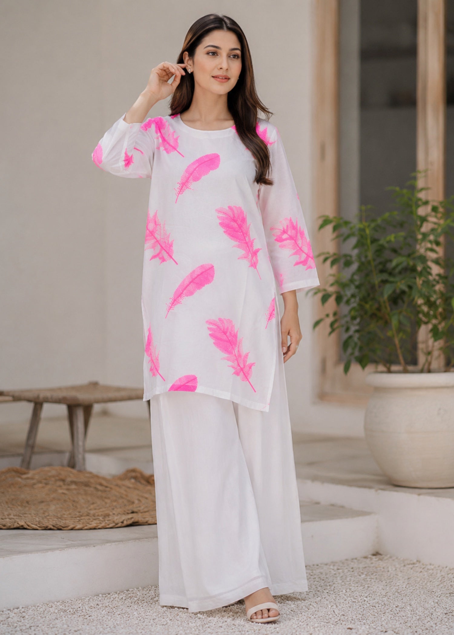 cotton Kurta Set in Shocking pink, off-white