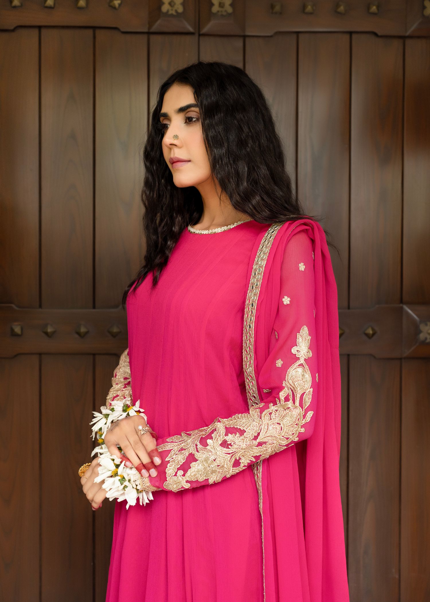 bemberg crinkle chiffon Maxi in Hot pink