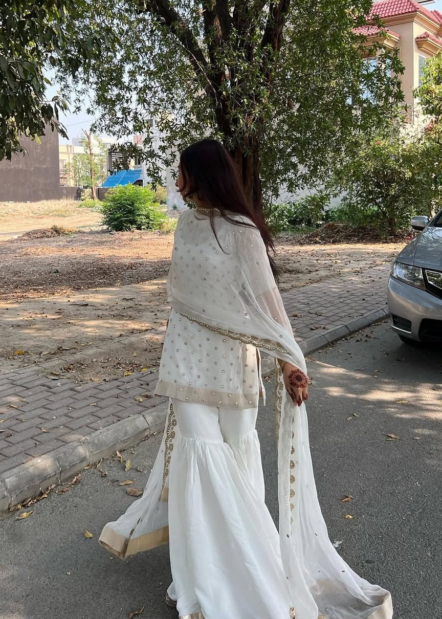 bemberg crinkle chiffon Gharara in White