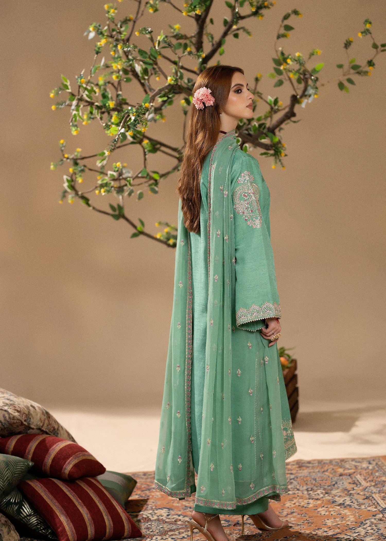 korean raw silk Kurta Set in Mint green