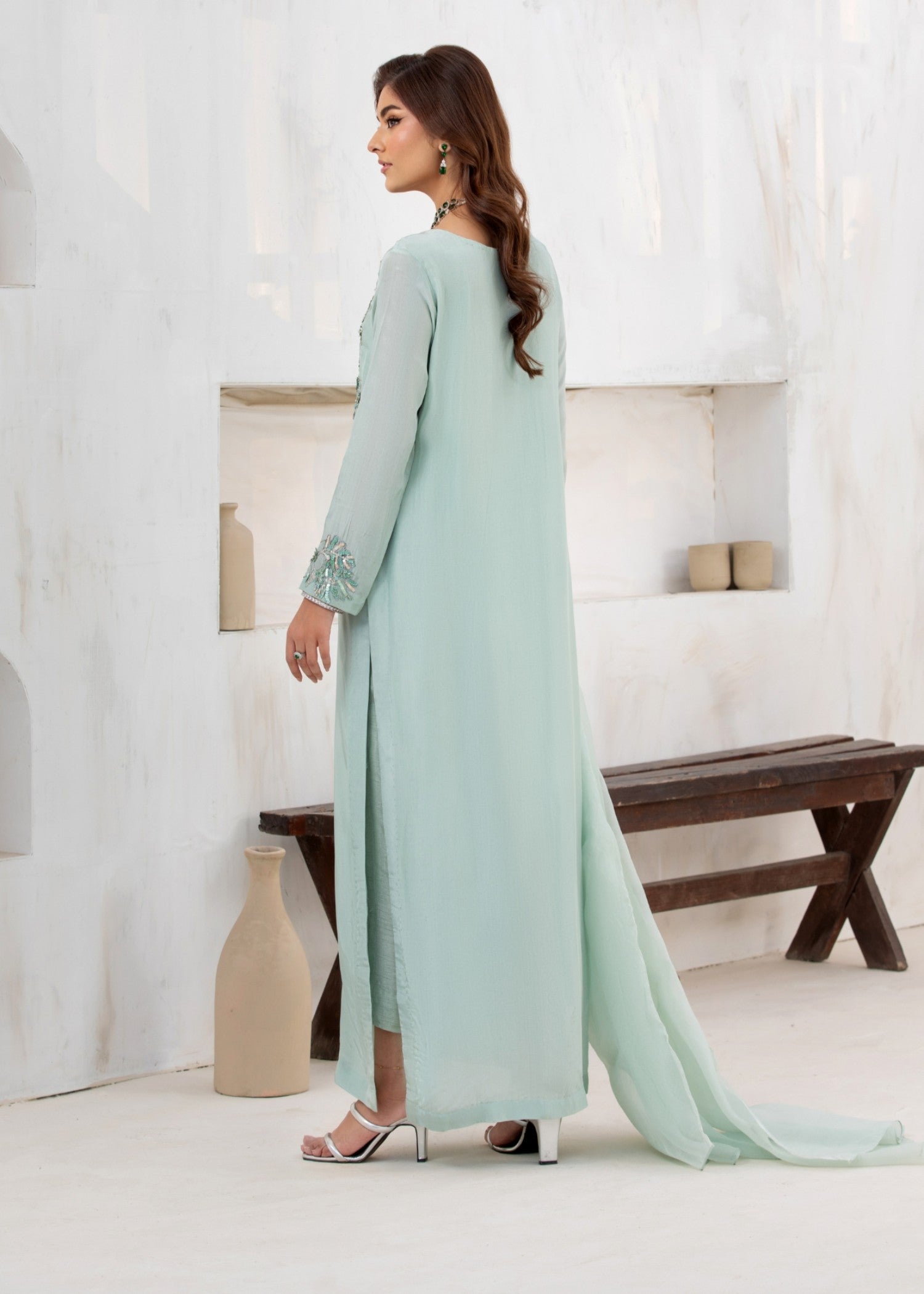korean raw silk Kurta Set in Meadow green