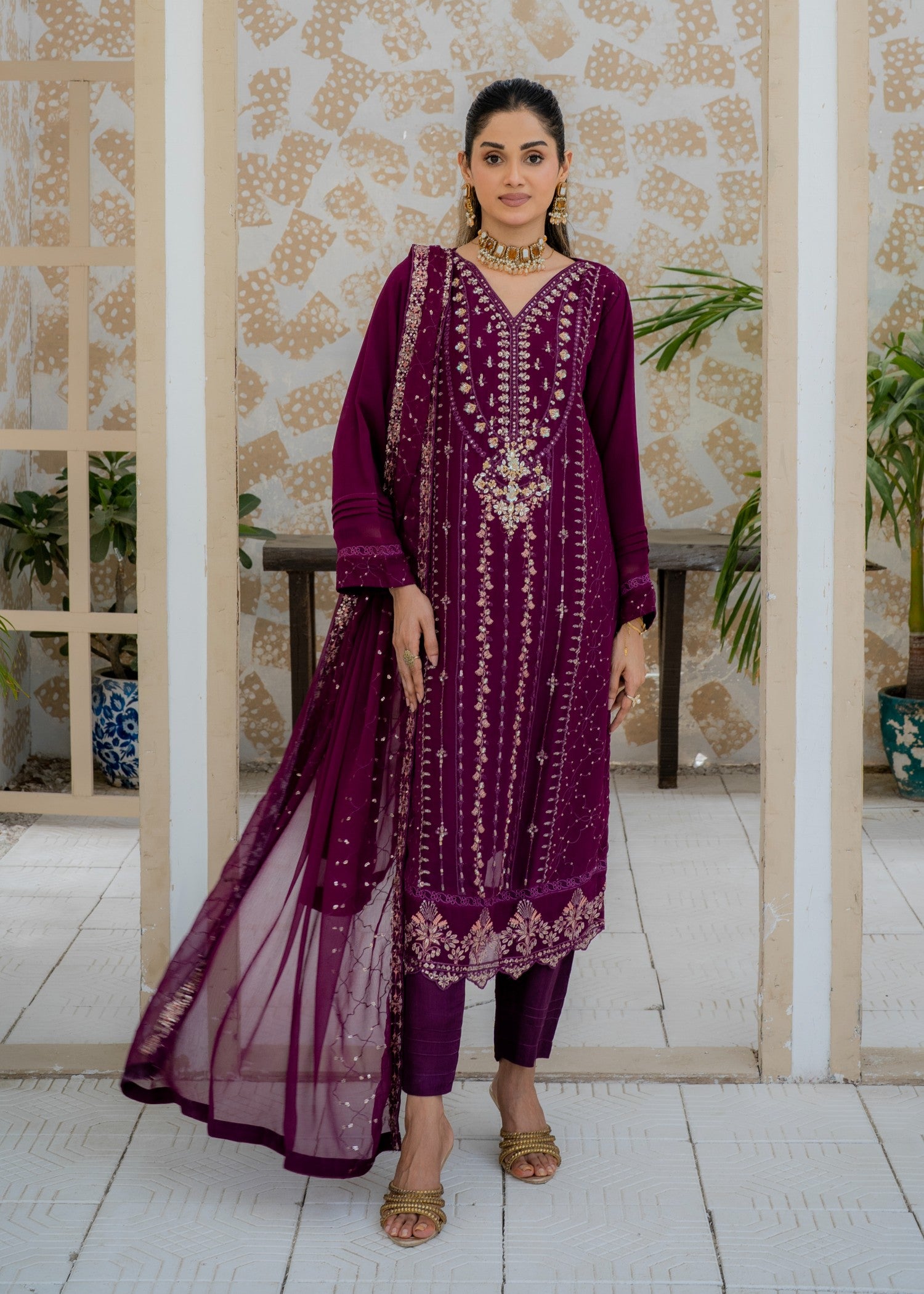 chiffon Kurta Set in Deep purple