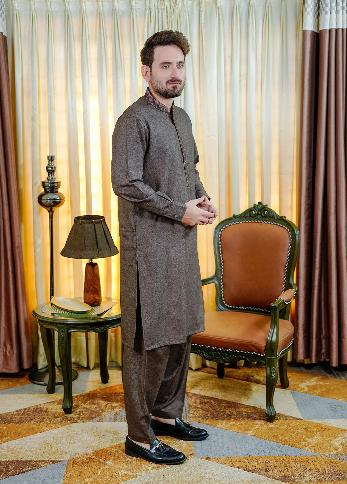 acrylic wool Shalwar Kameez in Walnut brown