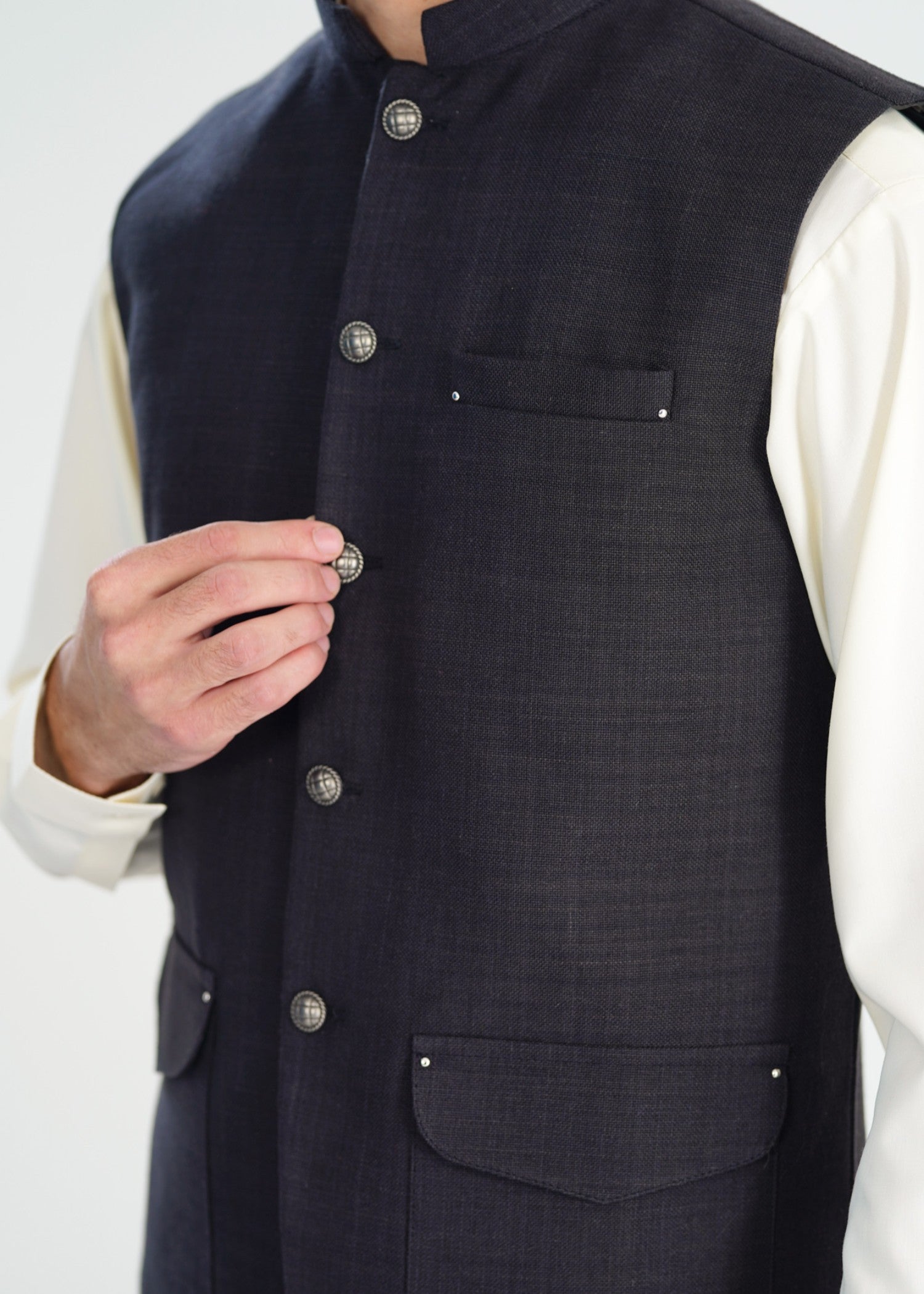 handwoven khaddar Waistcoat in Off-white, black