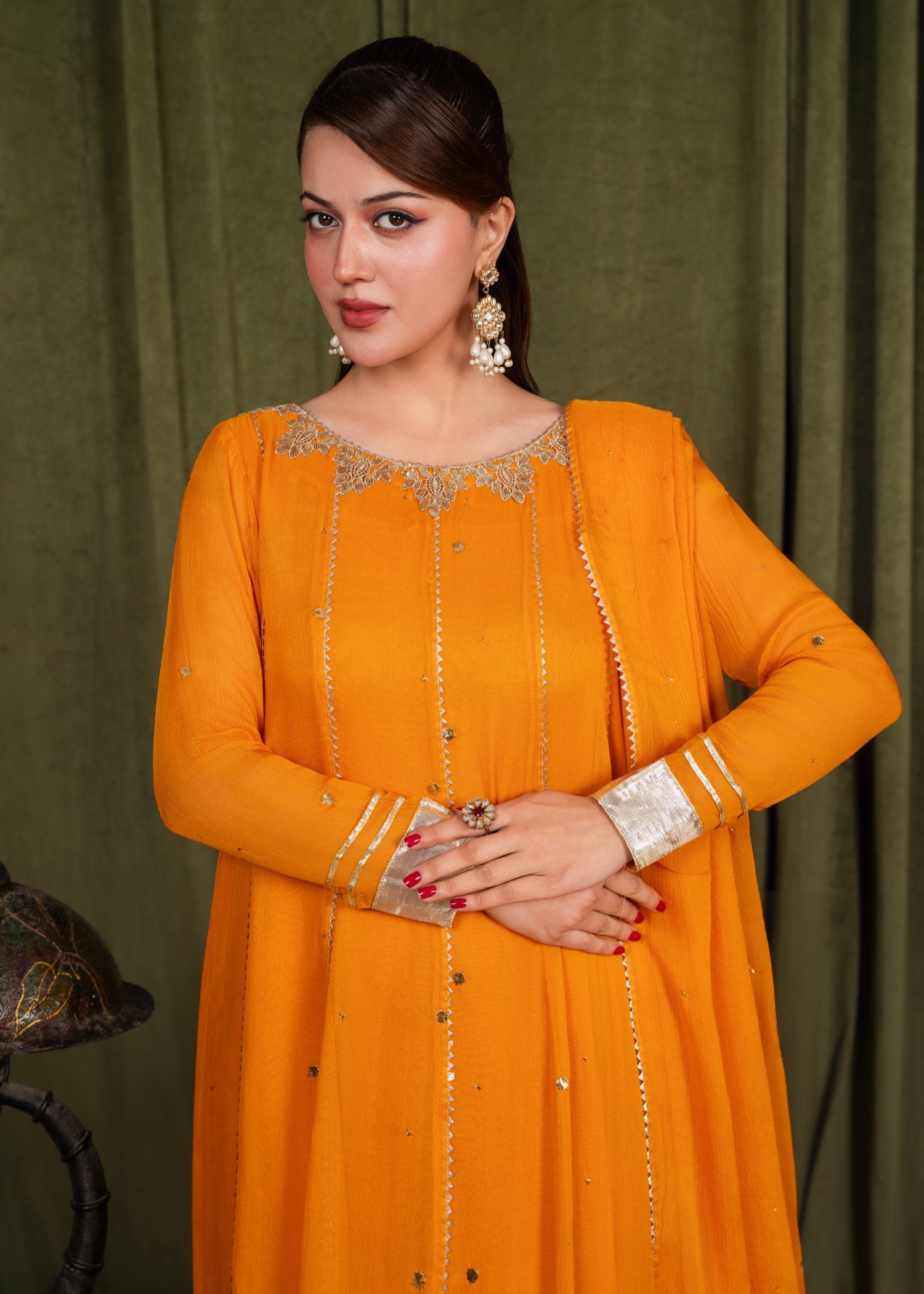 crinkle chiffon Anarkali in Goldfish orange
