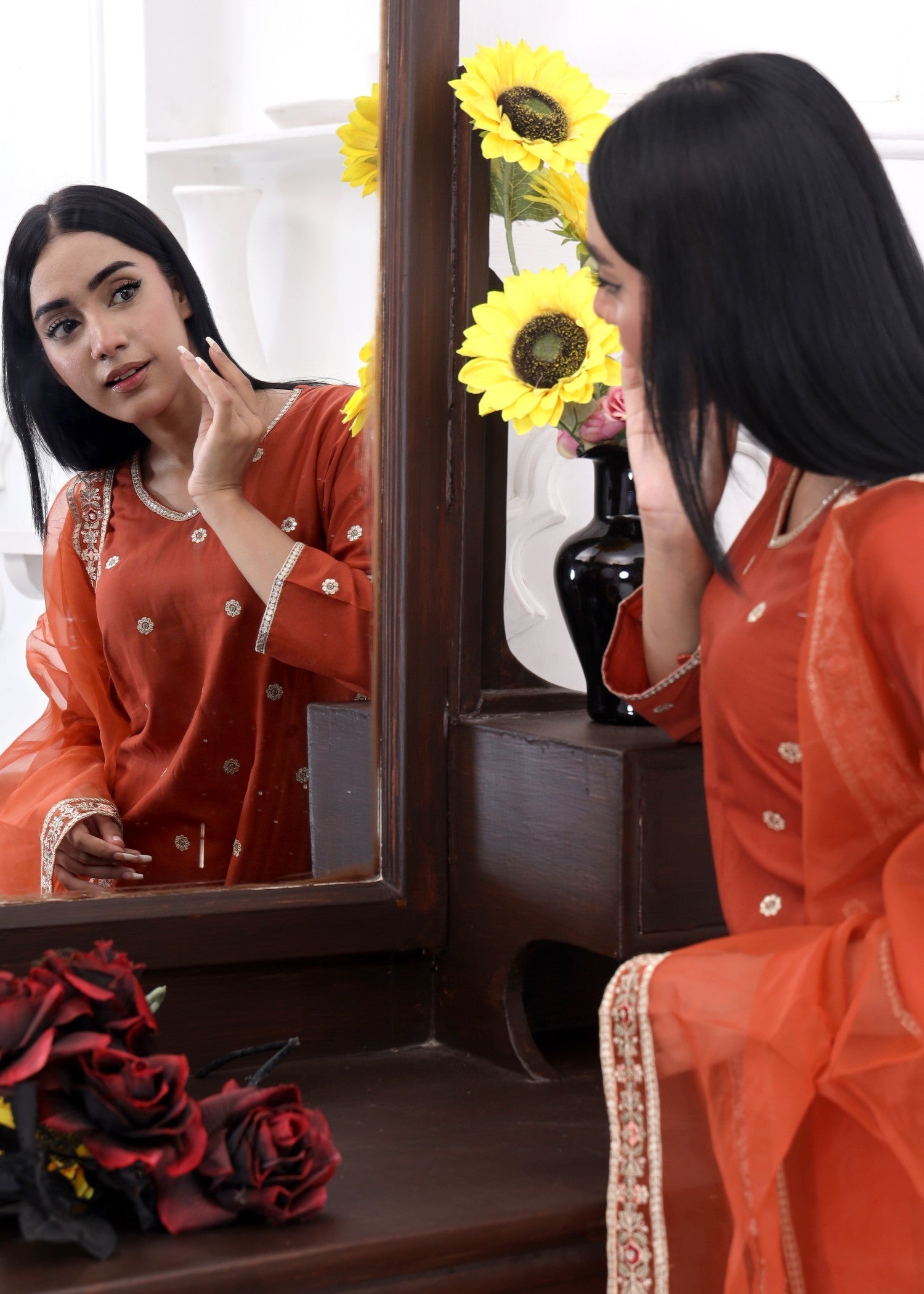 cotton Kurta Set in Copper orange