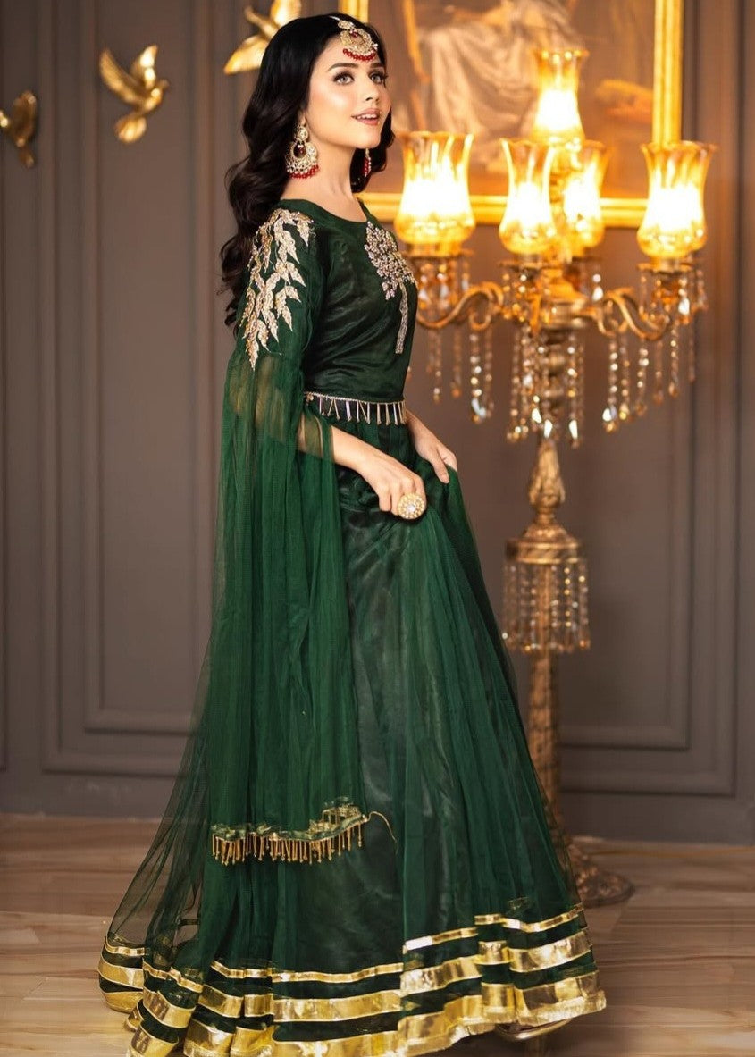 net Lehenga in Bottle green
