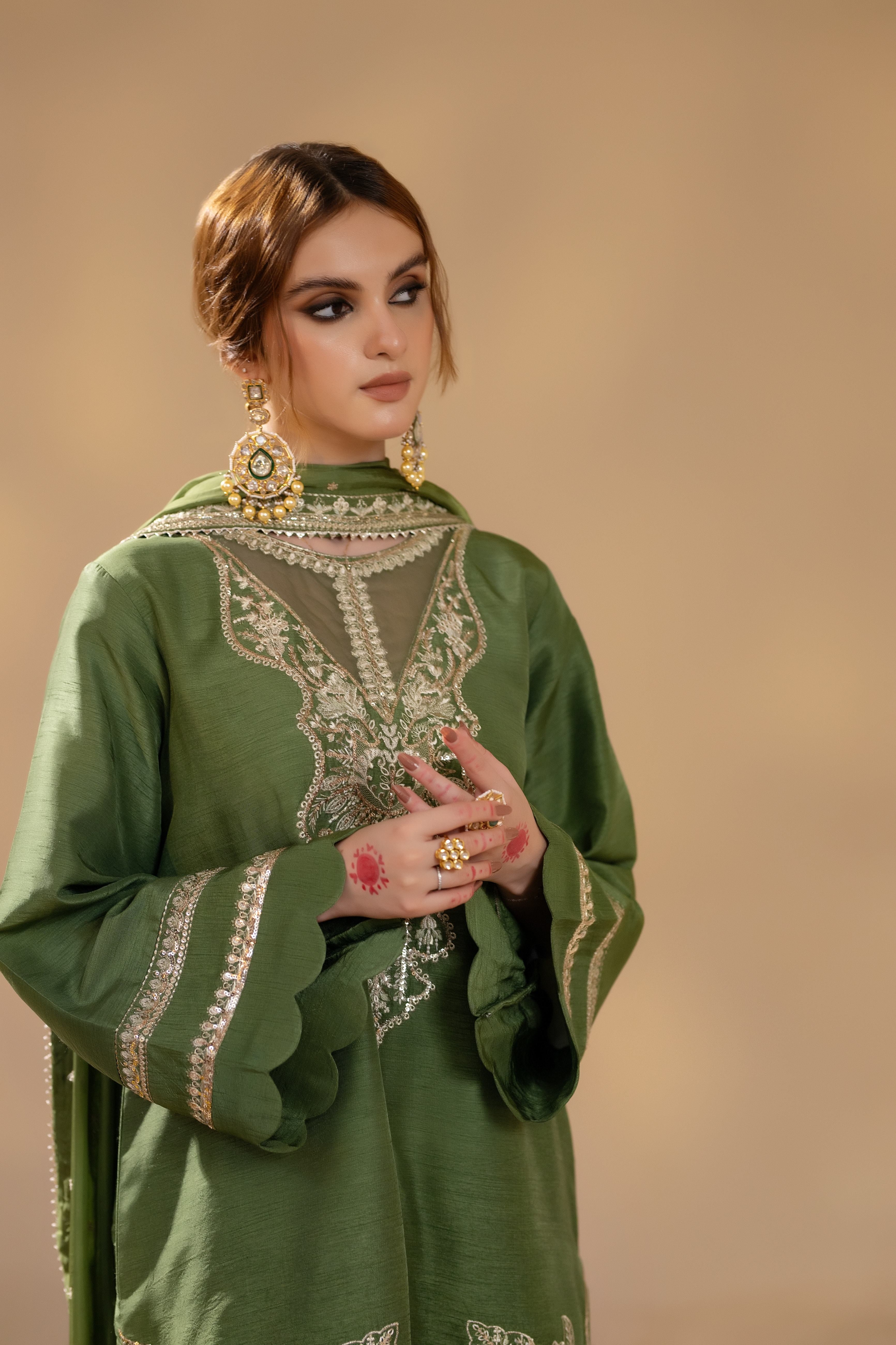 korean raw silk Kurta Set in Olive green