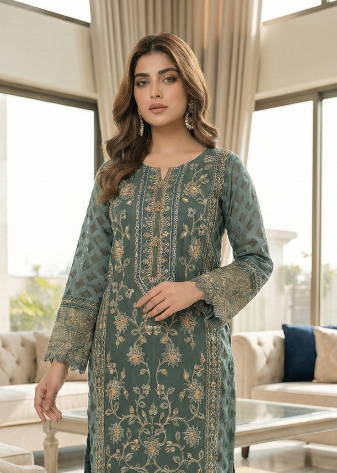 jacquard organza Kurta Set in Green